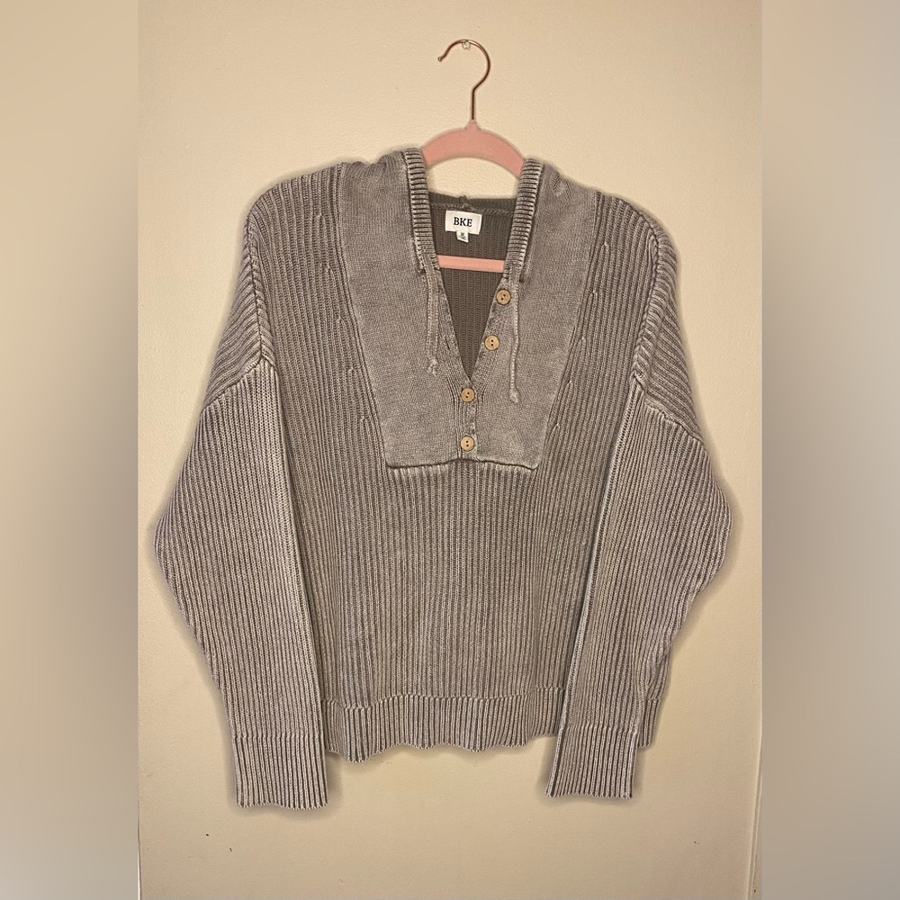 BKE Gray V-Neck Hooded 100% Cotton Sweater